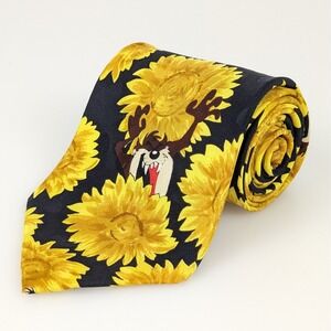 Vtg Looney Tunes Tie 100% Silk Taz Bugs Bunny Daffy Duck‎ Sunflowers Yellow Mens